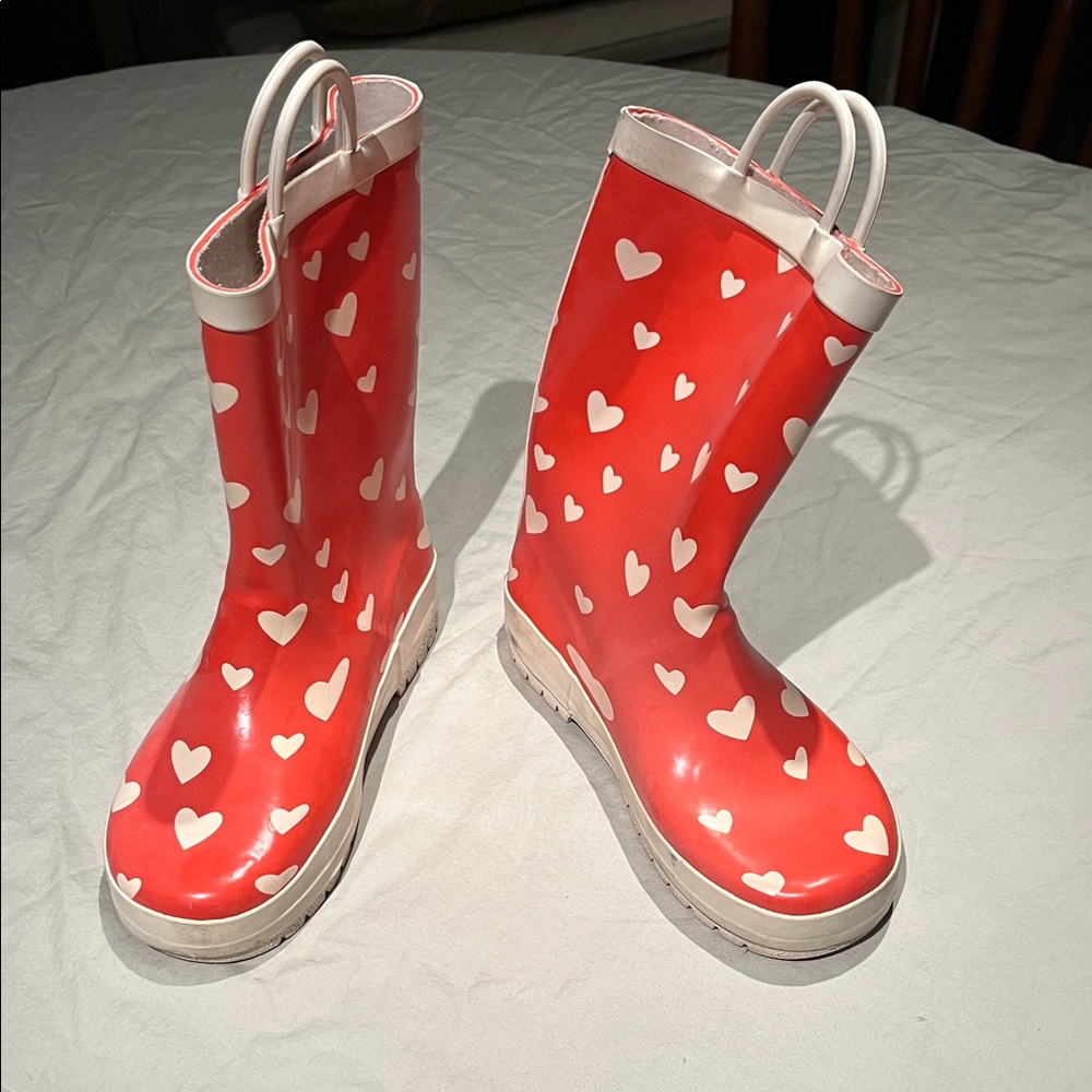 Girls Size 1 Red Heart Print Kids Rain Boots